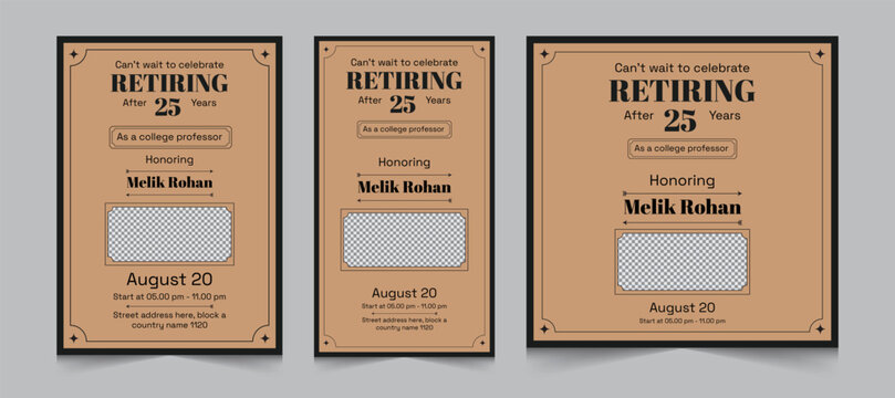 Set of retirement party invitation, square banner, instagram story and a4 poster, vector illustration eps 10