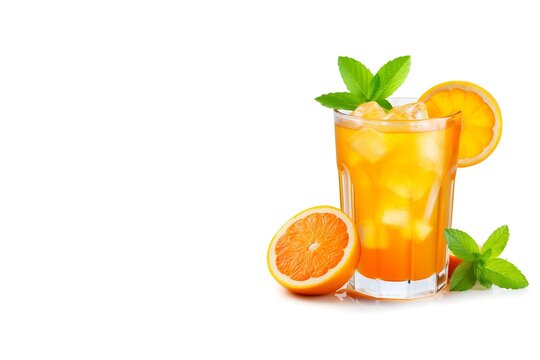 Glass of fresh orange juice and orange slices isolated on white background with copy space. Generate AI
