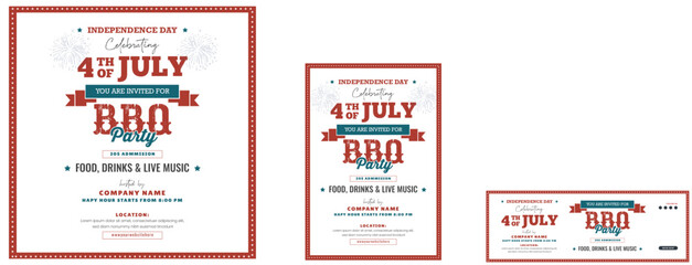 Set of square banner and stories for instagram and facebook, a4 poster for independence day barbecue party, vector illustration eps 10
