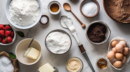 Ingredients for baking on a marble countertop top view. For a homemade dessert. Generative ai.