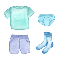 Laundry. Set of illustration of clothes, T-shirt, shorts, underpants, socks. Watercolor illustration on a white background Hand drawn. For postcards