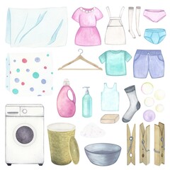 Laundry. Set of illustration of washing machine, basket, basin, washing gel, powder, soap, linen and clothes, hanger and clothespins. Watercolor on a white background. Hand drawn. For postcards