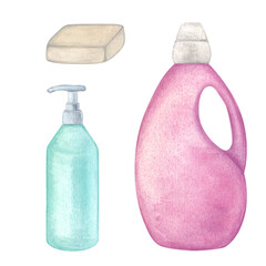 Laundry. Set of illustration of washing gel, powder, soap. Watercolor illustration on a white background. Hand-drawn. For postcards