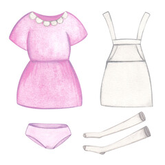 Laundry. Set of illustration of clothes, dress and apron, stockings and underpants. Watercolor on a white background. Hand-drawn. For postcards