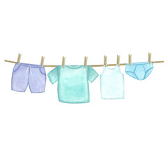 Laundry. Template, border with clothes, T-shirt, shorts, underpants. Watercolor illustration on a white background Hand drawn. For postcards