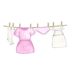 Laundry. Template, border of clothes, dress and apron, stockings and underpants. Watercolor illustration on a white background. Hand-drawn. For postcards