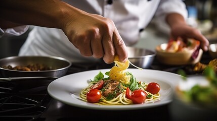 Obraz na płótnie Canvas Close-up of chefs hands preparing a delicious on restaurant kitchen. Generative ai.