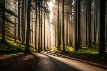 Obraz premium A landscape of trees with sun rays filtering out of the branches