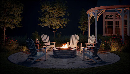 Outdoor fire pit in the backyard with lawn chairs Ai generated image - obrazy, fototapety, plakaty