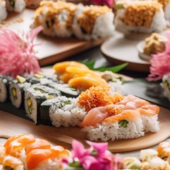 Seamless pattern with fresh and delicious sushi rolls with salmon and rice. Endless texture. Restaurant food wallpaper background. AI generative image.