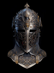 Front view of medieval knight helmet, isolated on black background, created with generative AI