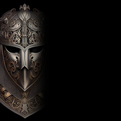 Front view of medieval knight helmet, isolated on black background