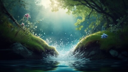 Beautiful fantasy background with blue water splash and copy-space. AI generative image.