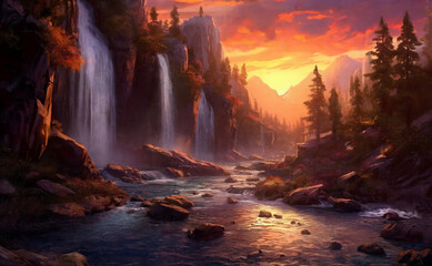 Fantasy landscape with waterfalls, sunset panorama. Generative AI