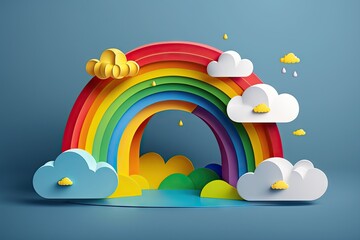 Rainbow with clouds and sun on blue background