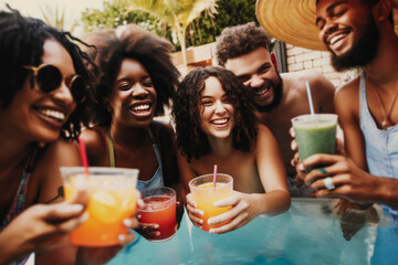A group of diverse millennials enjoying a pool party, laughing and splashing in the water while sipping on colorful summer drinks. Toned image. Generative Ai