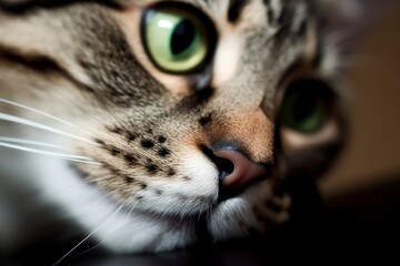 A close-up of a cats face as it stares intently at a toy