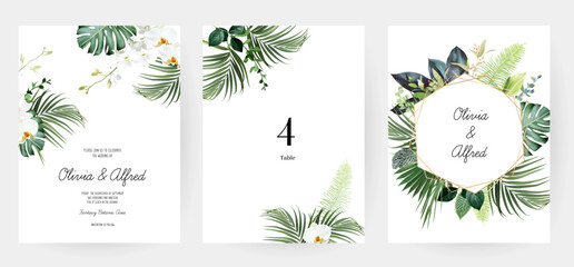 Tropical flowers and leaves vector design cards. White orchid, magnolia, dried fern, emerald monstera