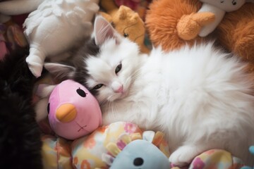 Fototapeta na wymiar A baby cat napping on a fluffy pillow surrounded by toys