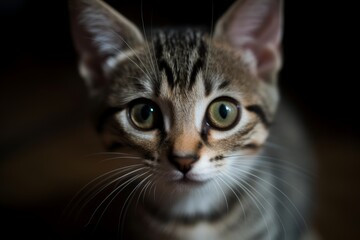 A baby cat gazing up at the camera with innocent eyes