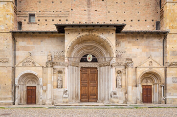 Fototapeta na wymiar Romanesque portal of the Fidenza Cathedral, province of Parma, region of Emilia Romagna, Italy
