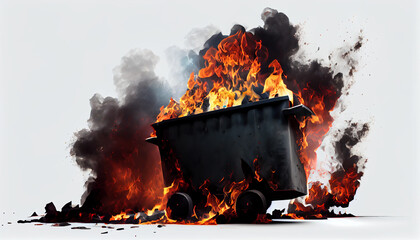 Burning garbage out of control dumpster fire isolated on white background Ai generated image