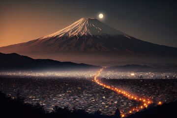city ​​light background in japan with view of mount fuji generated by ai - obrazy, fototapety, plakaty