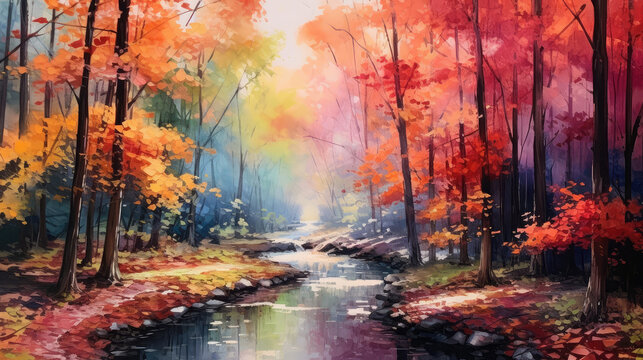 Watercolour painting of a forest landscape in the fall