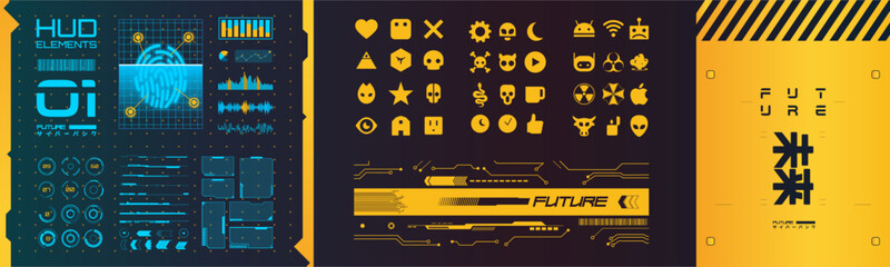 Conjunto de elementos de realidad virtual. Colección de objetos de interfaz al estilo cyberpunk. Diseño futurista para su aplicación, software, marco. Futuros objetos vectoriales de 2077.