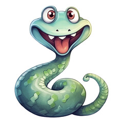 Funny green snake cartoon illustration isolated on transparent background - Generative AI