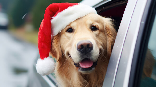 Golden retriever dog with christmas santa hat sitting in a car