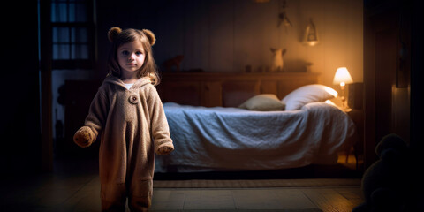 Child in pajamas holding a plush toy and standing in the middle of a room illuminated by moonlight