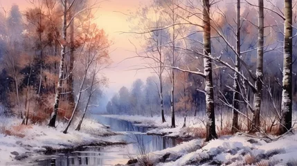 Gartenposter Watercolour painting of a forest landscape in the winter © Flowal93