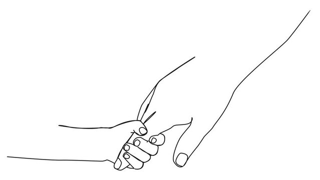 animated continuous single line drawing of child holding finger of mothers hand, line art animation