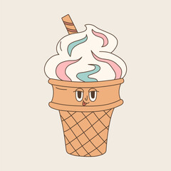 Groovy ice cream with comic face. Retro cartoon character of the 70s. Vector illustration