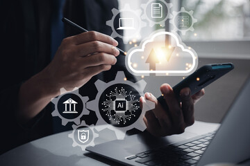 Digital screen interface displaying chart and graph icons for big data analytics and business intelligence concept with financial analysis in background. Cloud computing