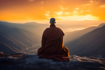 Fototapeta na wymiar Serene Buddhist Monk Meditating on Mountain Top - Generative AI