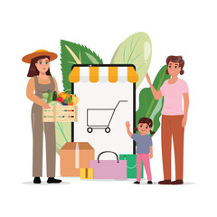 Grocery online. Family getting delivery of vegetables from the farmer. Organic food.