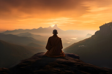 Serene Buddhist Monk Meditating on Mountain Top - Generative AI