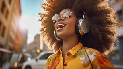 afro urban girl with headphones on the street, generative ai