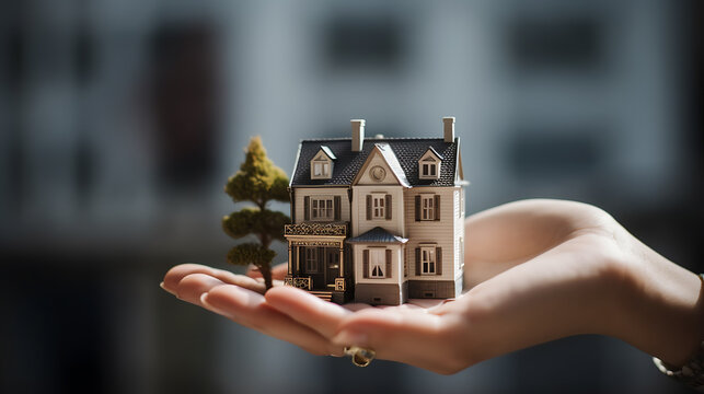 Woman holds a small model of a house in the palm of her hand in backdrop of real new house.Created with Generative AI technology.