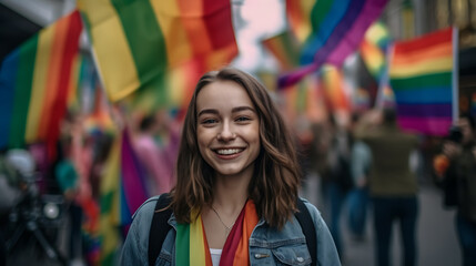 Obraz premium Happy young woman on the LGBT parade.Created with Generative AI technology.