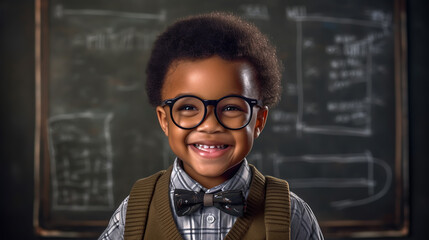 Little boy smiling at the start of the school year, standing against a school blackboard.Created with Generative AI technology.