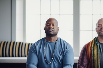 Peaceful generative ai gay couple practicing mindfulness meditation and wellness at home.
