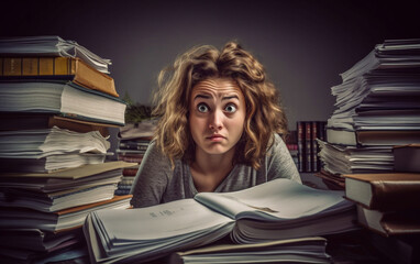 Student young woman surrounded by books prepares for exams and has a funny stressed and desperate look - obrazy, fototapety, plakaty