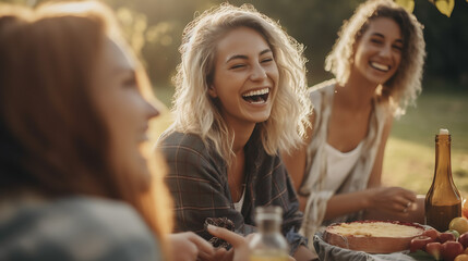 Happy friends having dinner at summer garden party.Created with Generative AI technology.