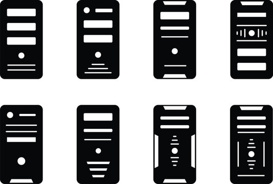 desktop home work personal computer, vector mark box. ,  pc case symbol illustration, minimal black flat design networking data, fully scale icon sheet. 