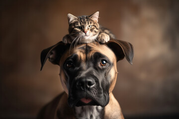 Fototapeta premium Opposites attract a cat and dog show their love for each other with a cute pose of friendship and loyalty. AI Generative