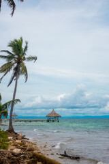 Fototapeta na wymiar Beach with palm trees and a wooden cabin in the background with the sea on Tintipan Island in the San Bernardo Archipelago near Rosario Island in Cartagena, Colombia