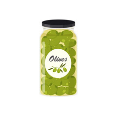 Green ripe olives preserved in a glass jar. Food label or packaging design. Canned olive vector icon isolated on white background.